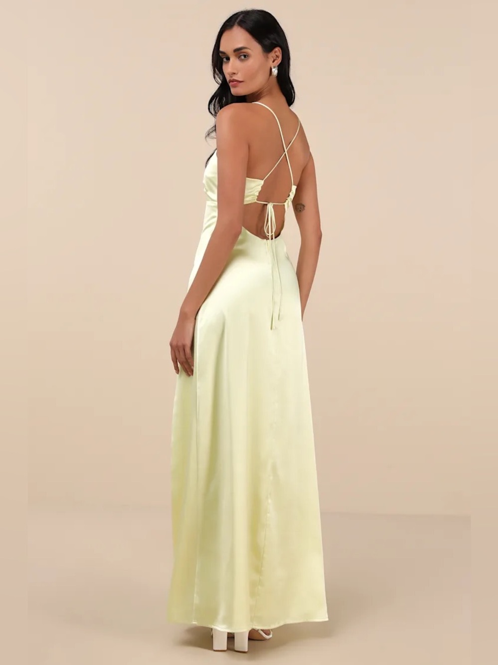 Lulus Stunning Example Light Yellow Satin Backless Maxi Dress Size S NWT